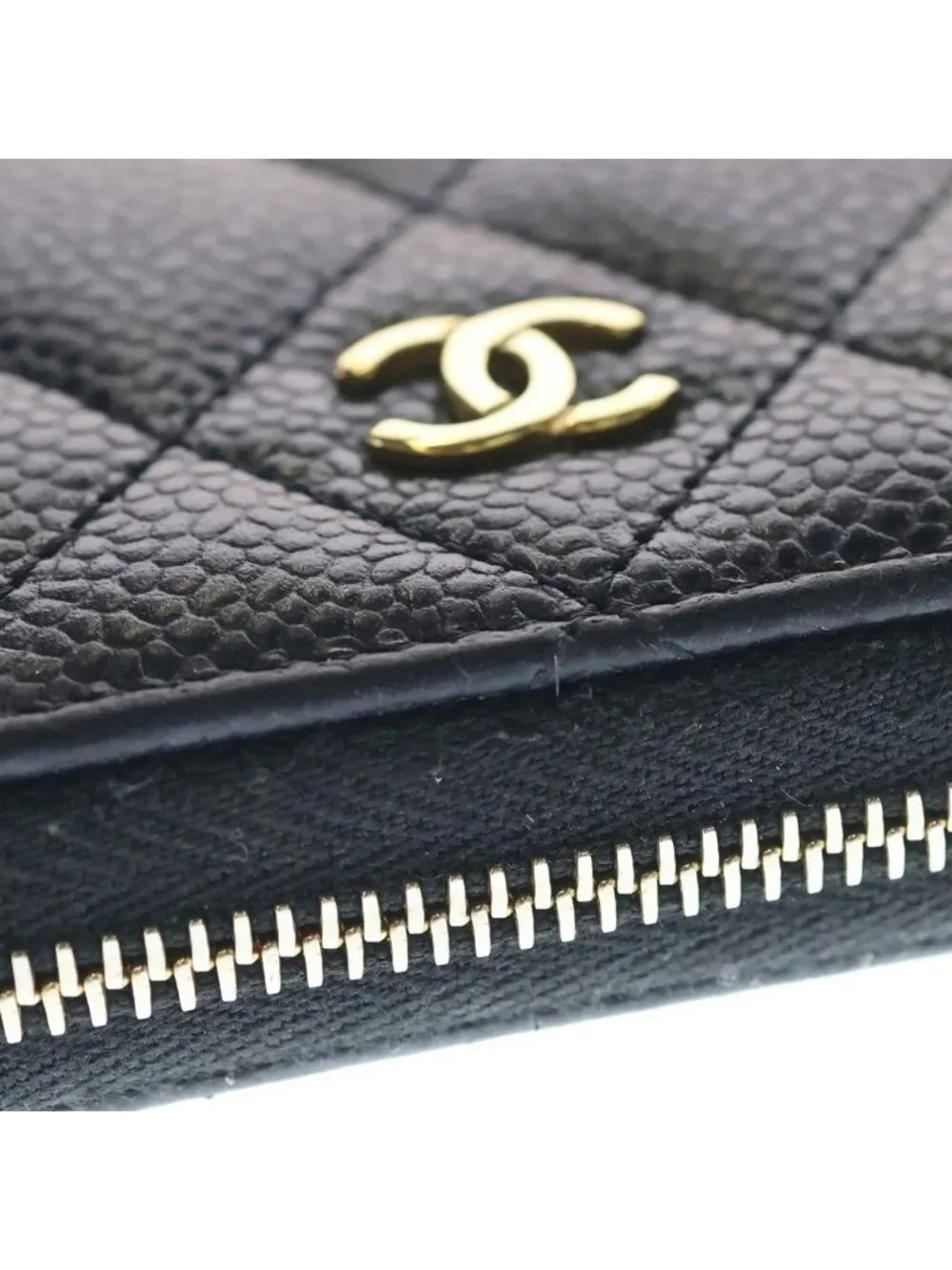 Chanel Quilted Classic Caviar Leather Zip Coin Purse Gold Black